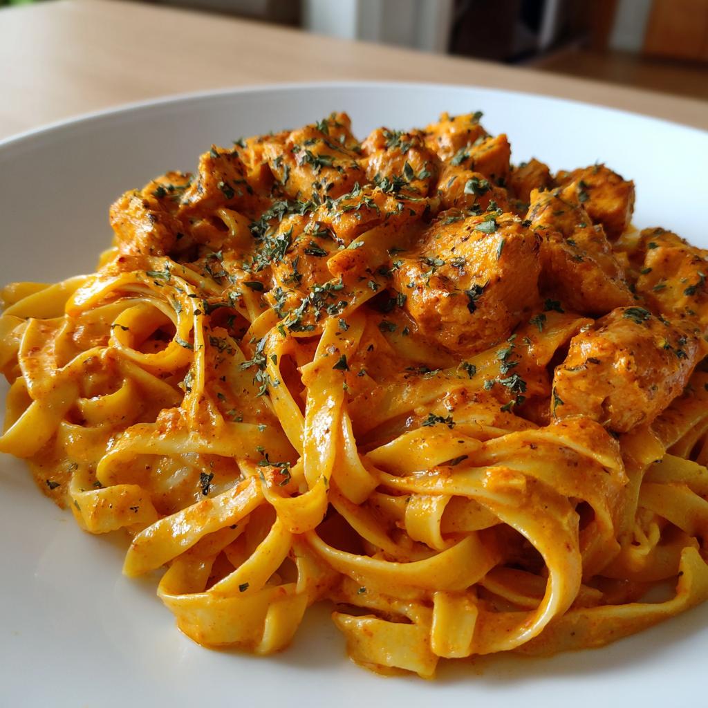 Close-up of Creamy Cajun Chicken Pasta featuring fettuccine noodles coated in a rich orange sauce and topped with seasoned chicken chunks.
