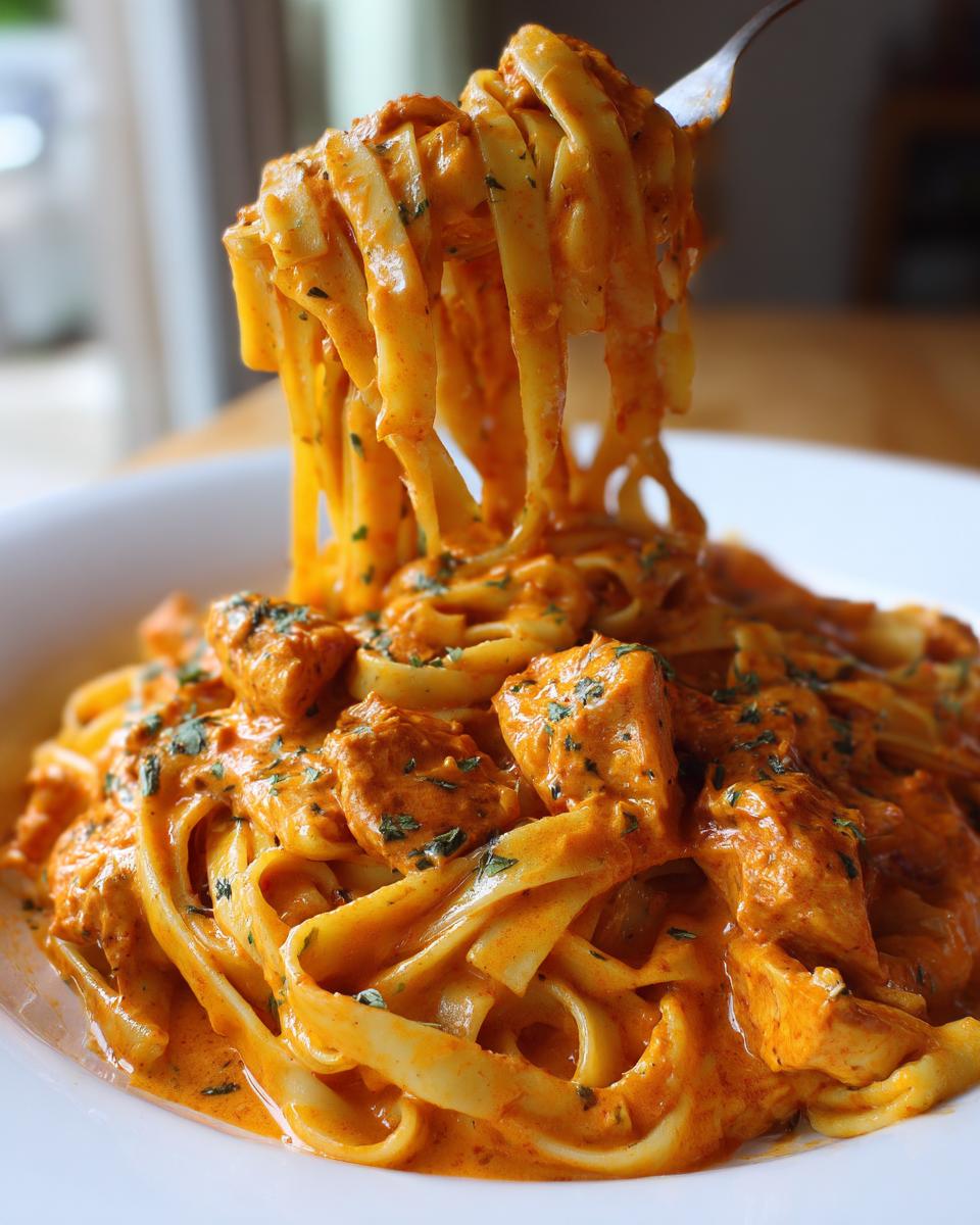 A fork lifting fettuccine noodles coated in rich, orange-red sauce from a bowl of Creamy Cajun Chicken Pasta.