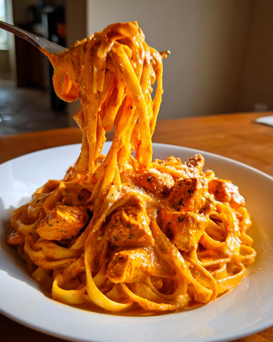 A fork lifts strands of fettuccine coated in rich, orange sauce from a bowl of Creamy Cajun Chicken Pasta.