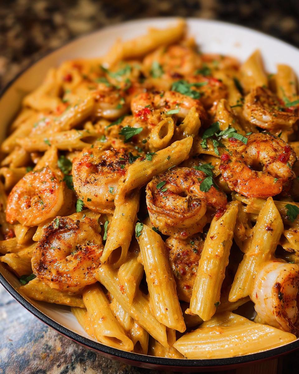 Close-up of creamy penne pasta tossed with seasoned shrimp in a rich sauce for Cajun Shrimp Pasta Recipe.