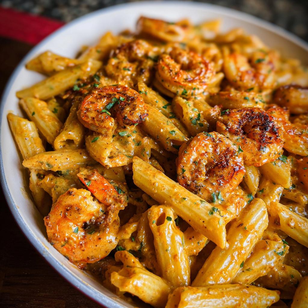 Close-up of creamy Cajun Shrimp Pasta featuring penne pasta coated in a rich sauce and topped with seasoned shrimp.