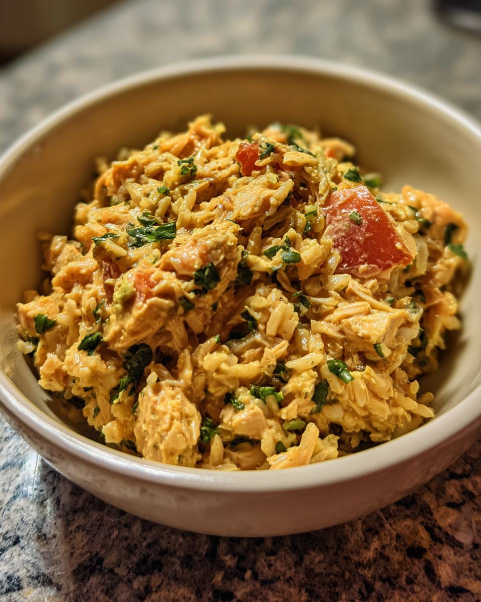 A bowl of creamy, seasoned chicken and rice mixed with chopped tomatoes and herbs, perfect for dorm-friendly easy dinner recipes.