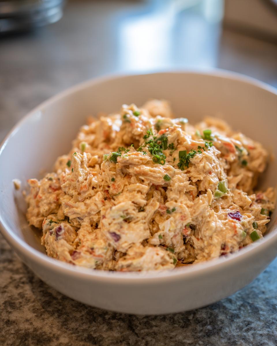 A white bowl filled with creamy chicken salad, garnished with chives, one of the Dorm-Friendly easy dinner recipes.