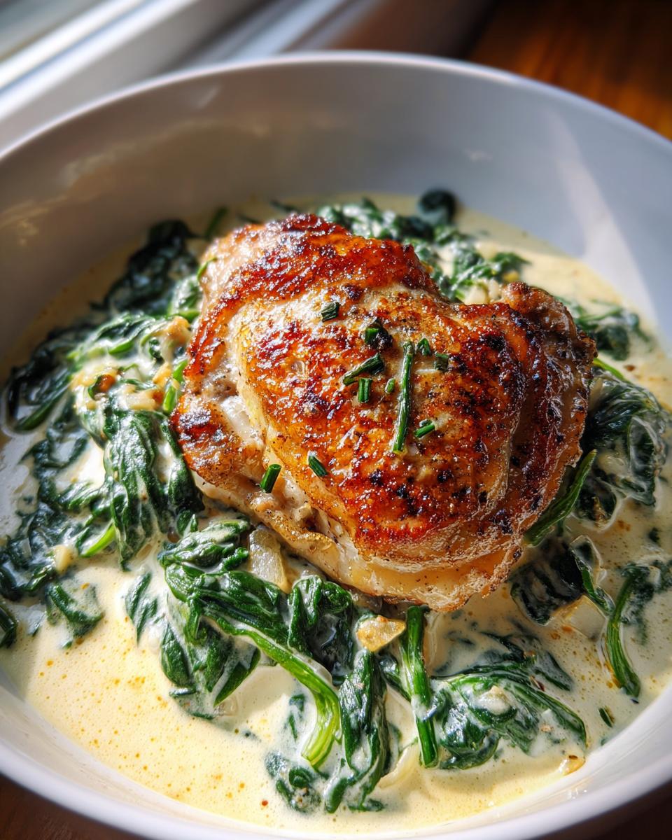 A perfectly seared chicken thigh resting on a bed of wilted spinach in a rich, creamy sauce.