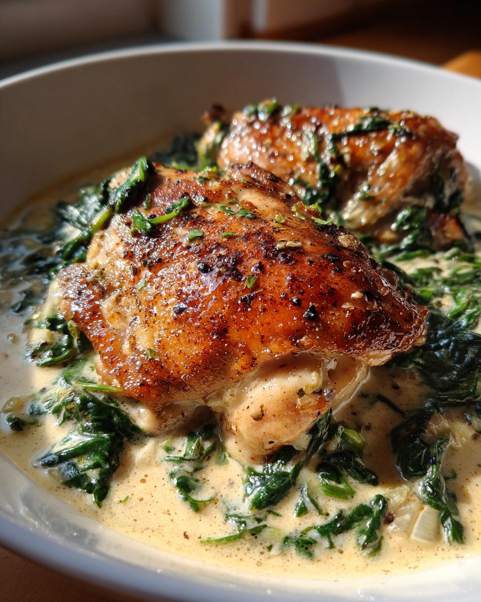 Two perfectly seared Creamy Chicken Thighs with Spinach served in a rich, creamy sauce.