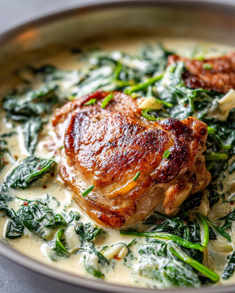 Close-up of a perfectly seared chicken thigh resting in a rich, creamy sauce with wilted spinach.