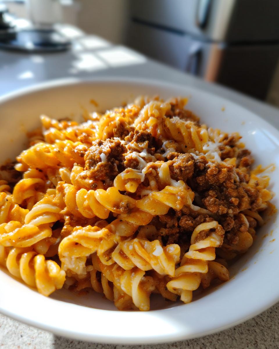 Close-up of Creamy Garlic Beef Pasta with fusilli noodles and ground beef sauce topped with melted cheese.