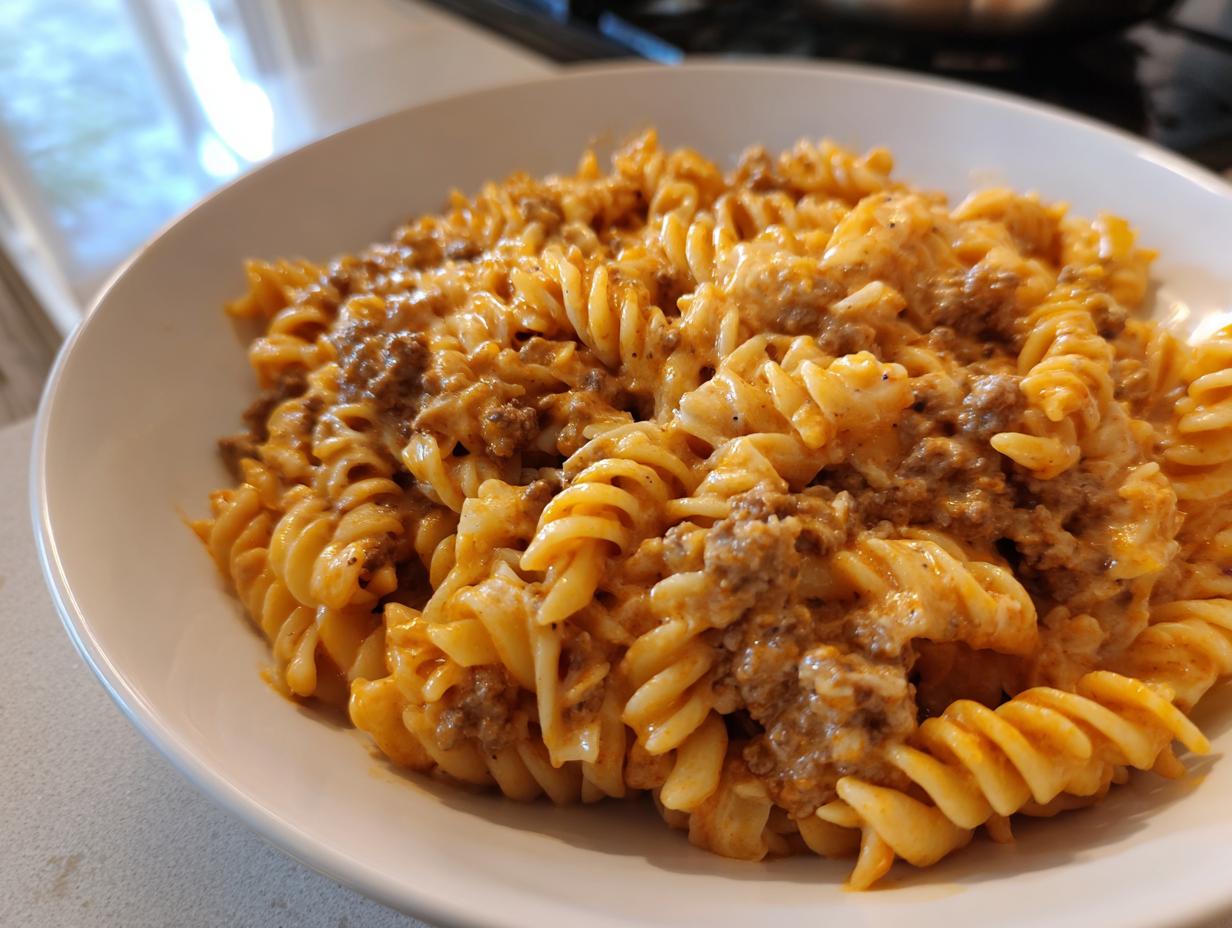 Close-up of a white bowl filled with Creamy Garlic Beef Pasta, featuring fusilli pasta coated in a rich, cheesy sauce with ground beef.