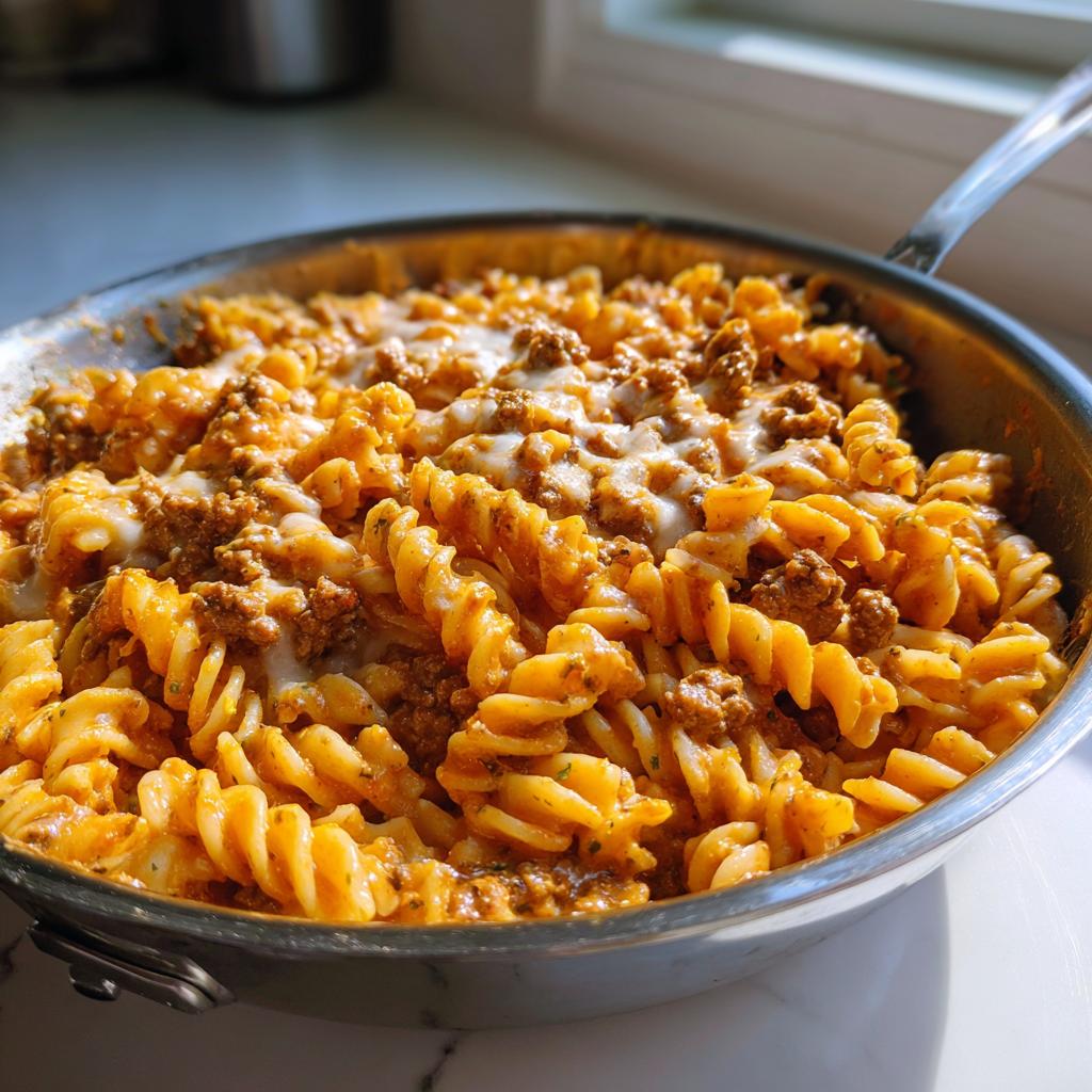 Close-up of Creamy Garlic Beef Pasta made with rotini pasta and melted cheese in a stainless steel skillet.