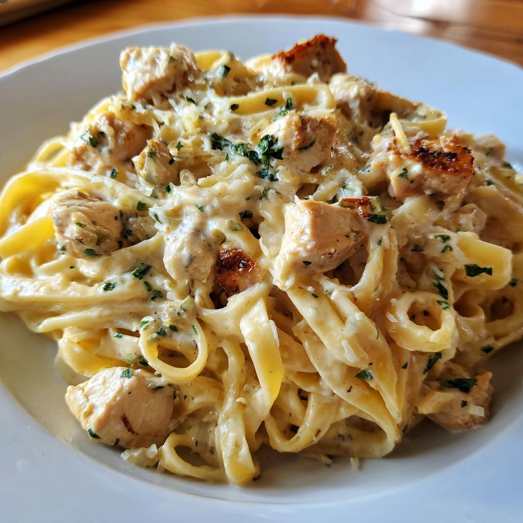 A close-up of a serving of Creamy Garlic Parmesan Chicken Pasta with fettuccine noodles, topped with chicken pieces and fresh parsley.