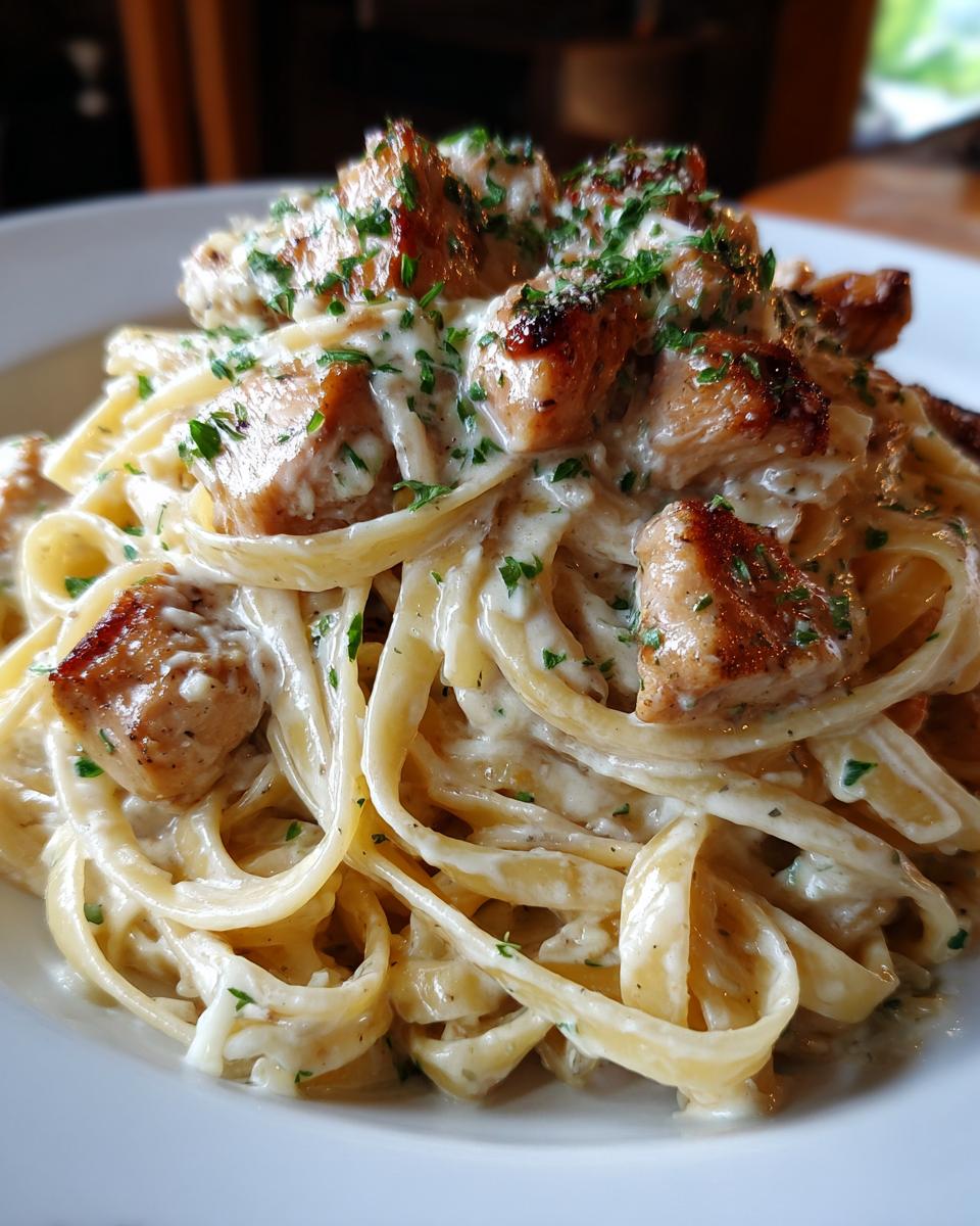 Close-up of fettuccine pasta tossed in creamy garlic parmesan sauce with seared chicken pieces, garnished with parsley.