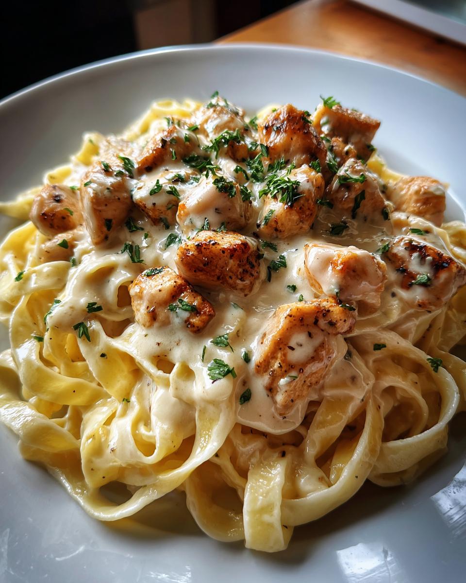 Close-up of fettuccine pasta topped with seared chicken pieces in a rich, creamy garlic parmesan sauce.
