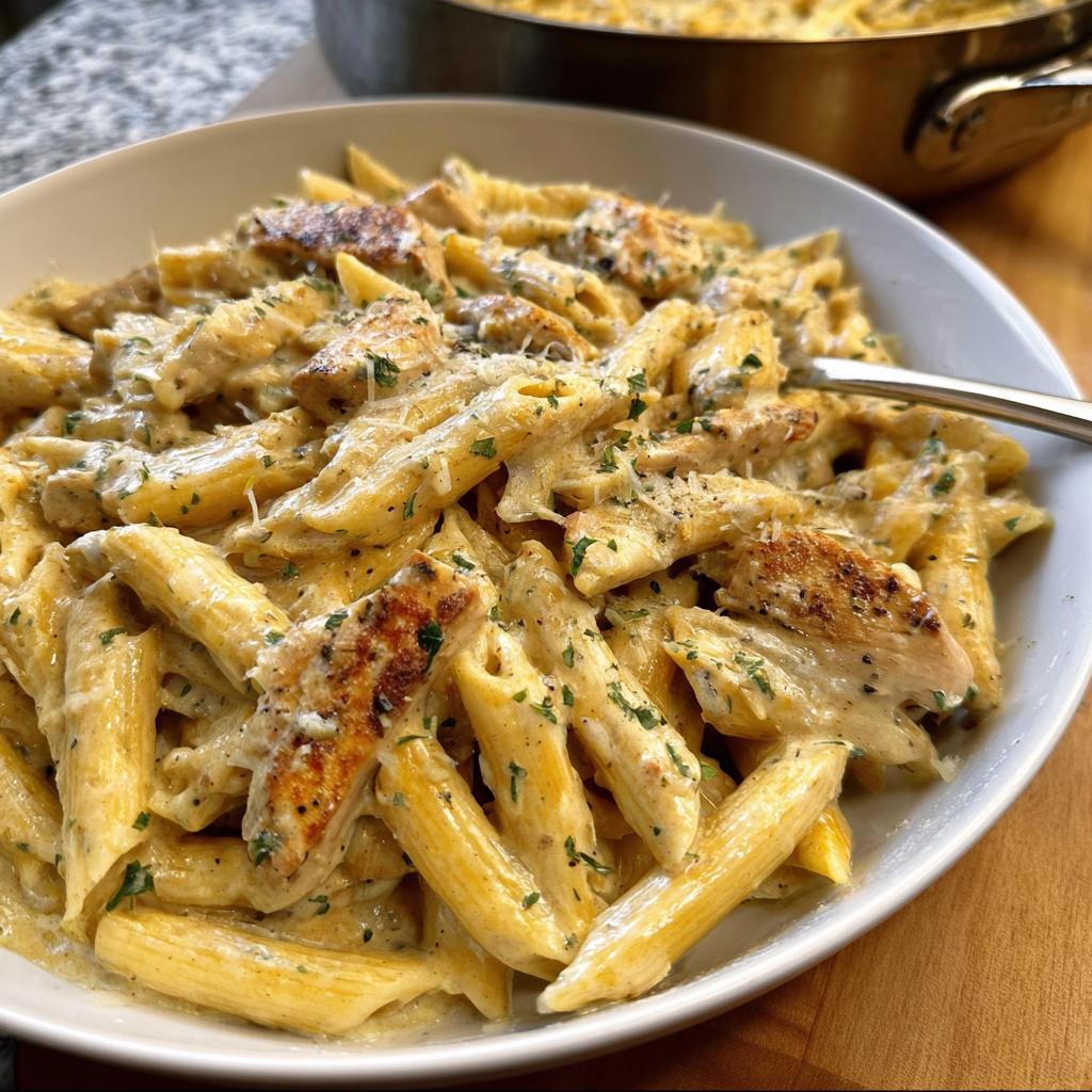 A close-up of a bowl filled with Creamy Garlic Parmesan Chicken Pasta, topped with parsley and cheese.