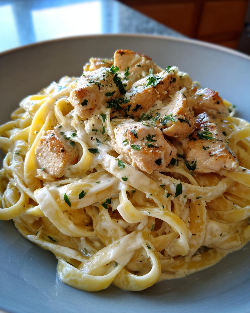 A close-up of a bowl of Creamy Garlic Parmesan Chicken Pasta, featuring fettuccine coated in white sauce and topped with seasoned chicken pieces.