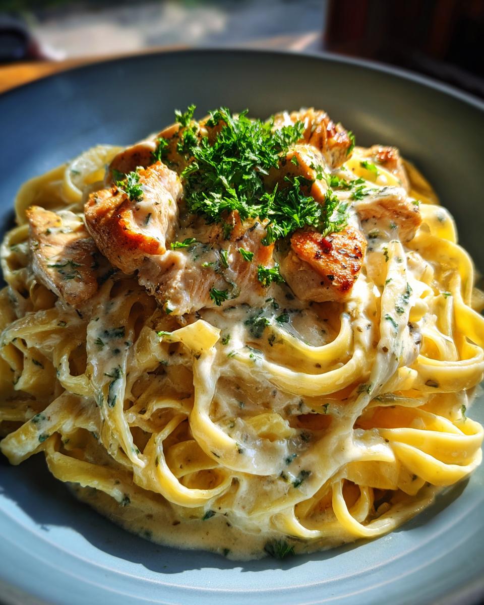 Close-up of Creamy Garlic Parmesan Chicken Pasta with fettuccine noodles, topped with seared chicken pieces and fresh parsley.