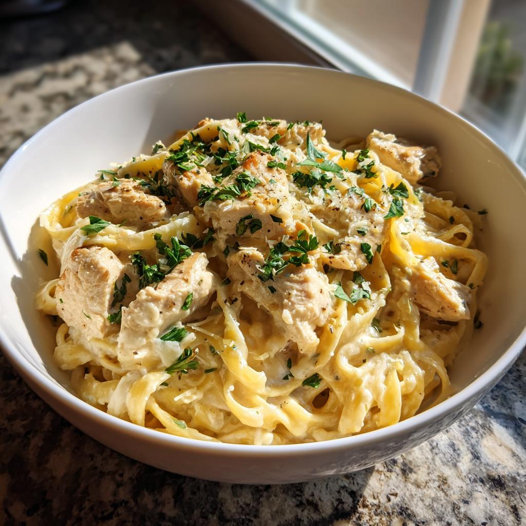 A white bowl filled with creamy garlic parmesan chicken pasta, topped with fresh parsley.