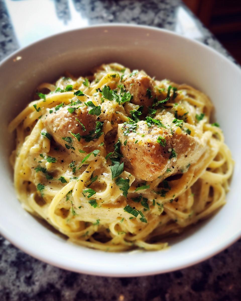 A close-up of How to Make Creamy Garlic Parmesan Chicken Pasta, featuring linguine tossed in a rich sauce with chicken chunks and parsley.