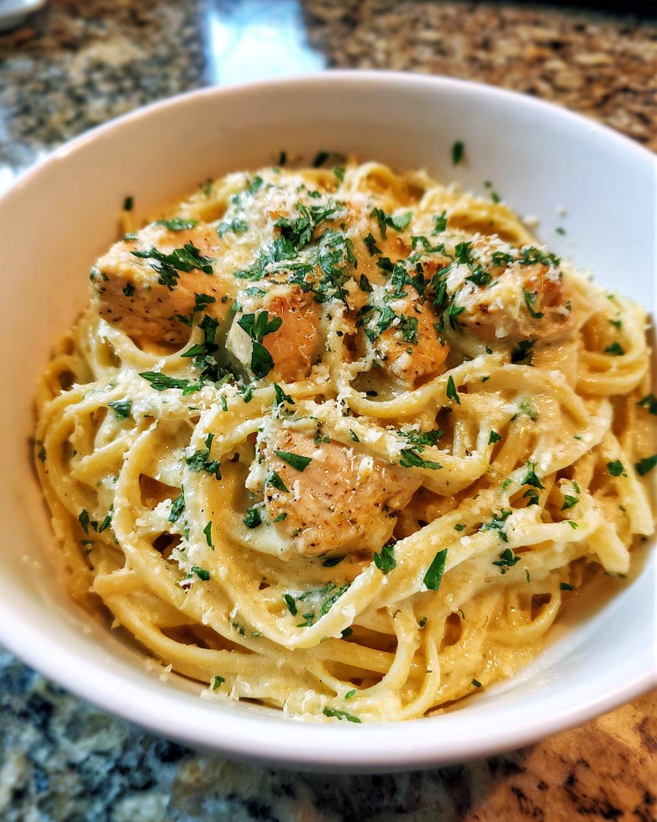 A close-up of How to Make Creamy Garlic Parmesan Chicken Pasta, featuring linguine coated in rich sauce, topped with chicken pieces, Parmesan, and parsley.