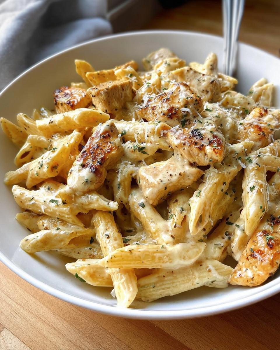 A close-up of Creamy Garlic Parmesan Chicken Pasta featuring penne coated in rich sauce, topped with seared chicken pieces and grated cheese.