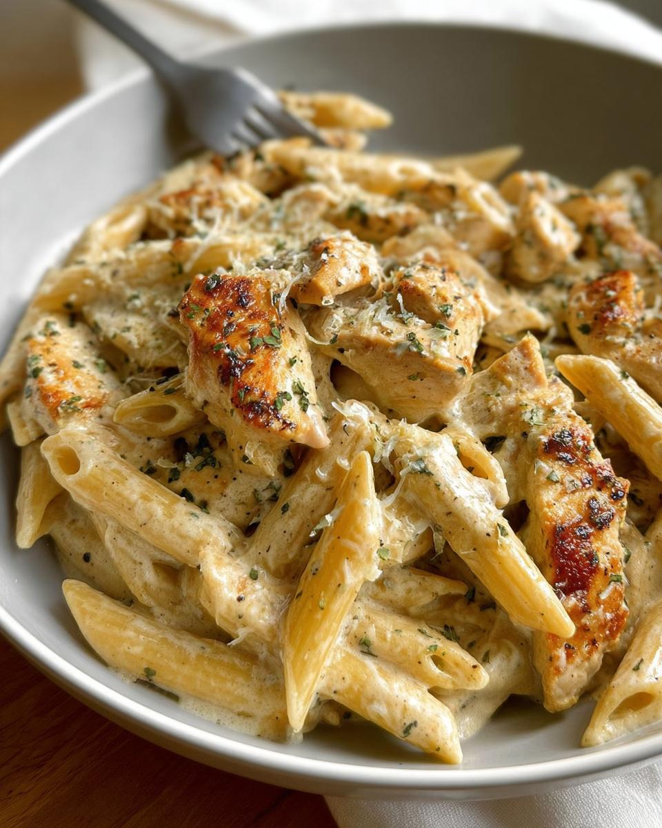 Close-up of Creamy Garlic Parmesan Chicken Pasta with penne, topped with grated cheese and parsley.