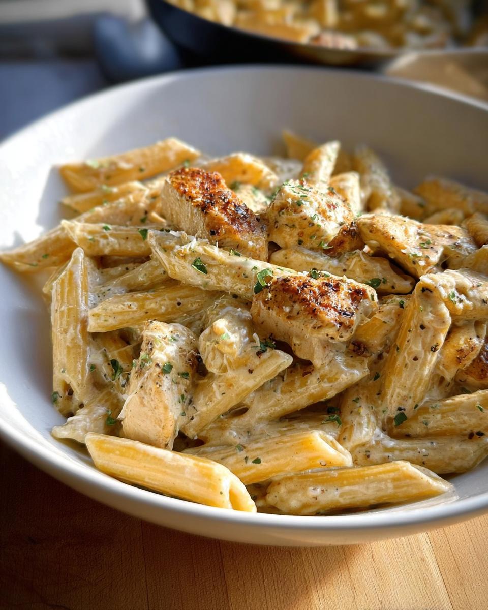 Close-up of Creamy Garlic Parmesan Chicken Pasta with penne noodles and seared chicken pieces in a white bowl.