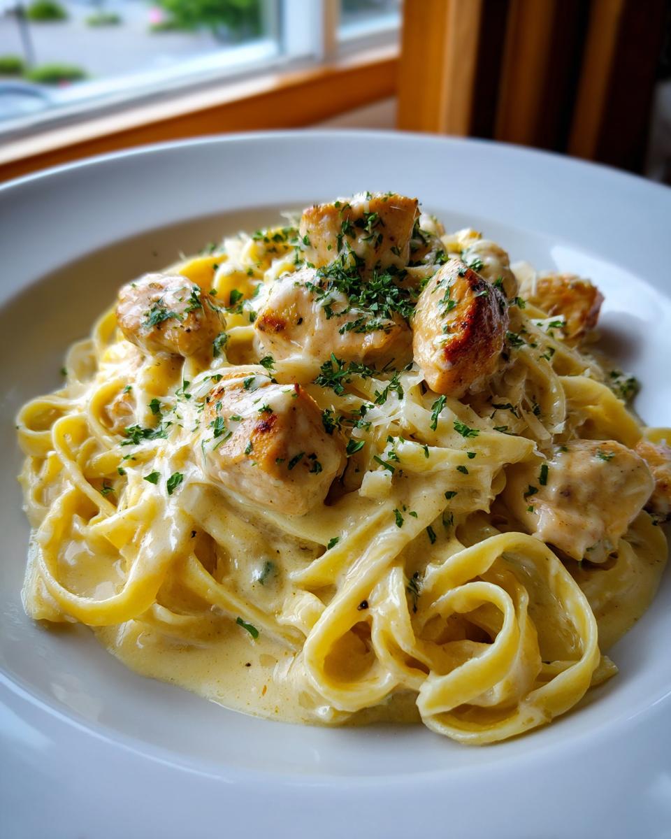 A close-up of rich, creamy garlic parmesan chicken pasta topped with herbs and cheese.