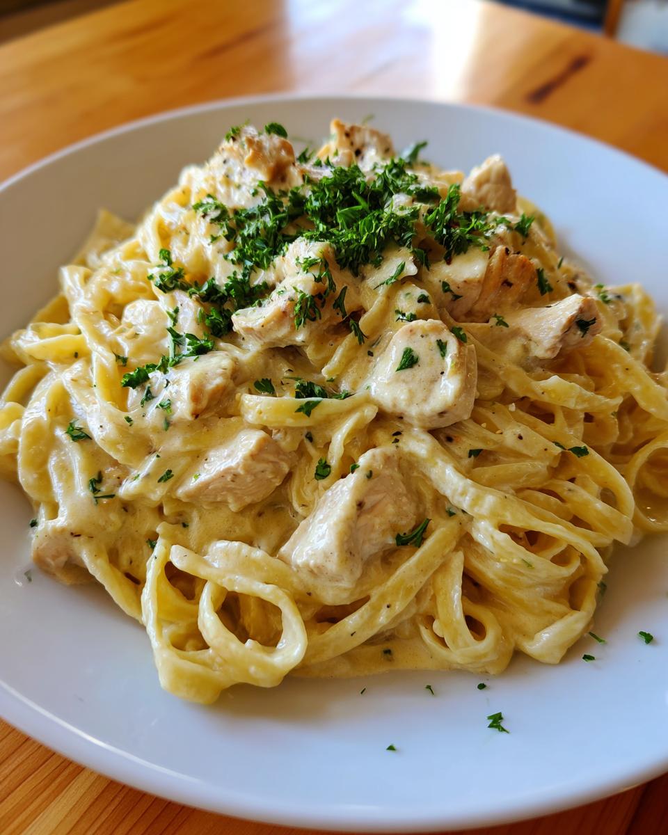 A close-up of a white bowl filled with Creamy Garlic Parmesan Chicken Pasta, topped with fresh parsley.