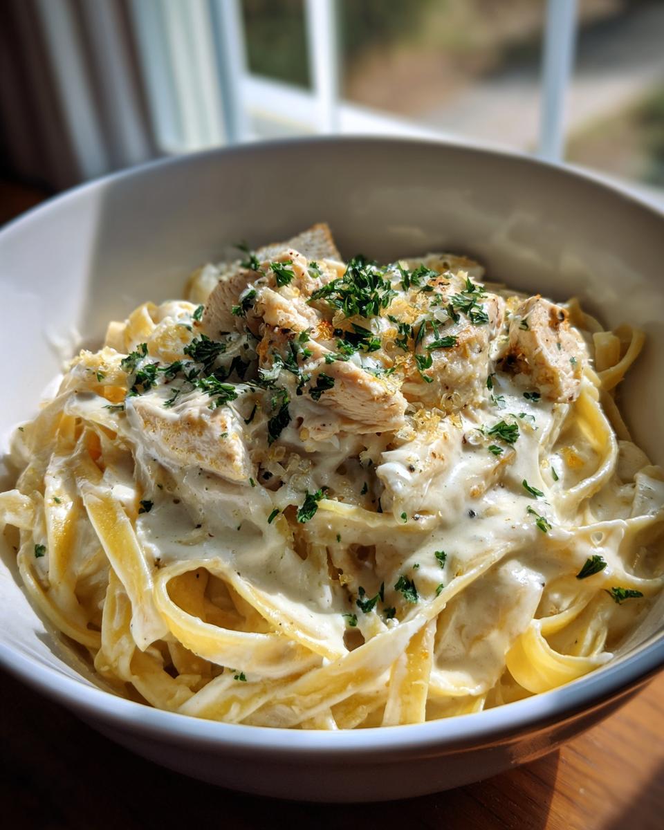 A close-up of a white bowl filled with Creamy Garlic Parmesan Chicken Pasta, topped with diced chicken and fresh parsley.