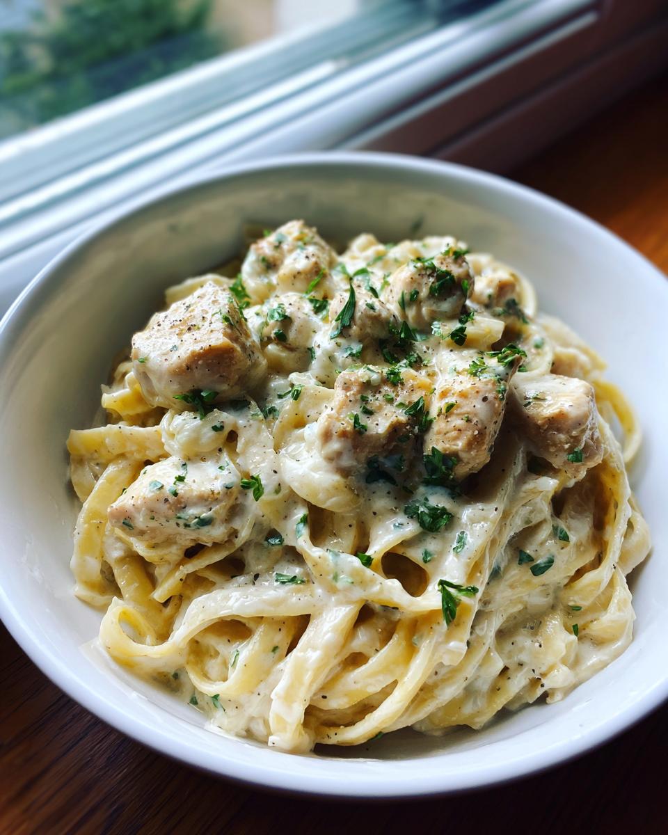A close-up of Creamy Garlic Parmesan Chicken Pasta featuring fettuccine, chunks of seasoned chicken, and a creamy sauce, garnished with parsley.