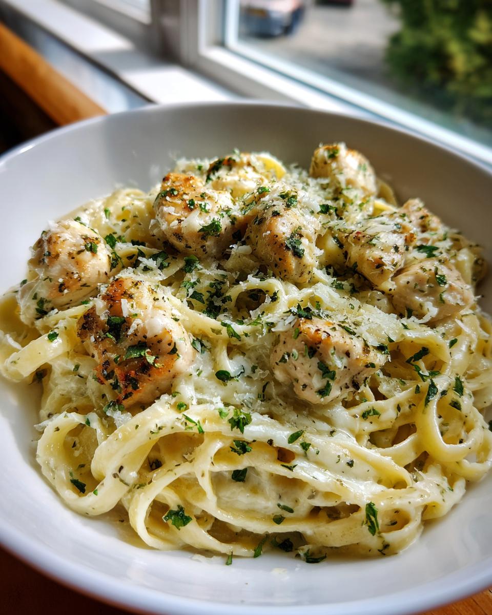 Close-up of a white bowl filled with Creamy Garlic Parmesan Chicken Pasta, topped with chicken pieces and grated cheese.