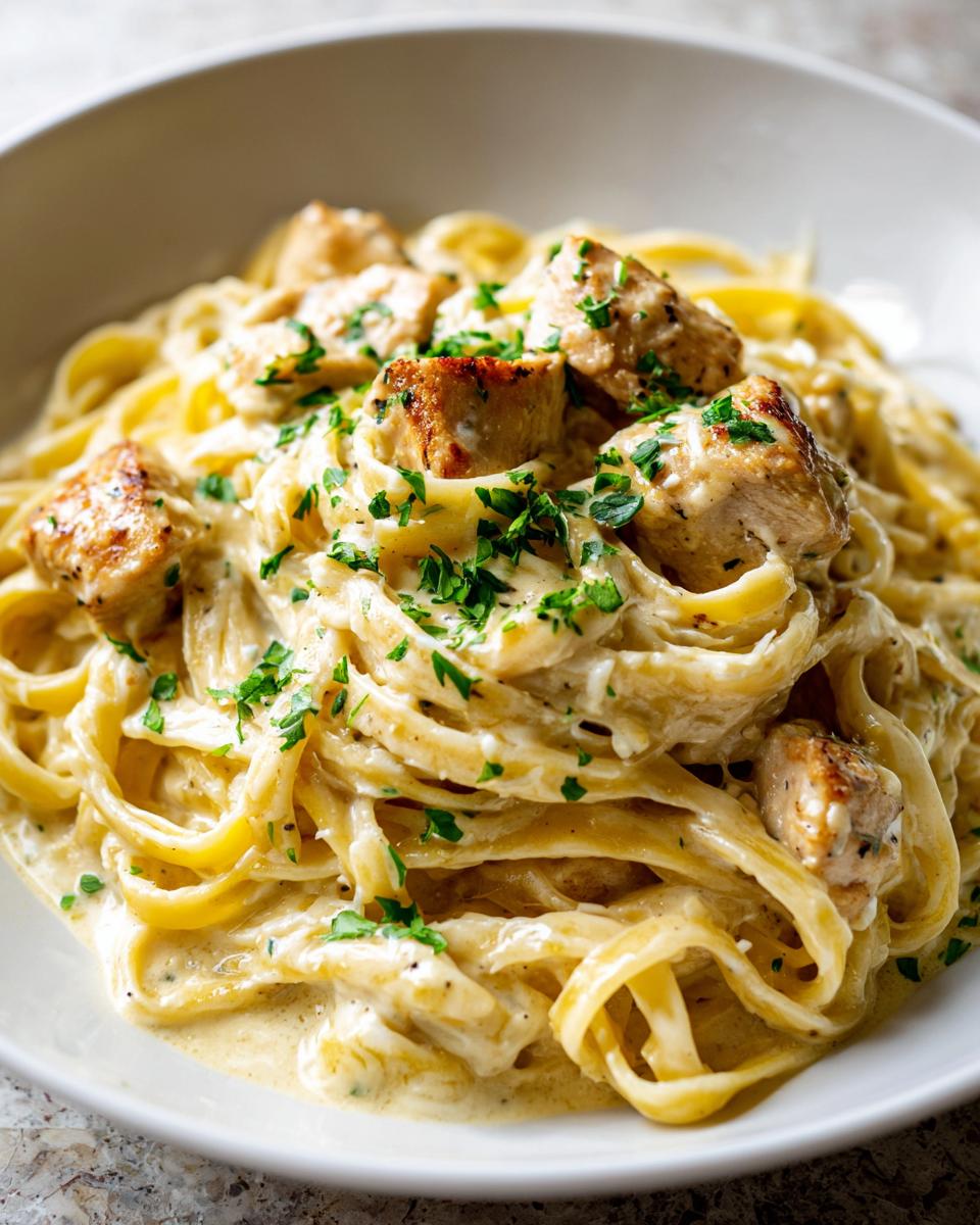 A close-up shot of rich Creamy Garlic Parmesan Chicken Pasta featuring fettuccine noodles coated in a thick sauce and topped with seared chicken pieces and fresh parsley.