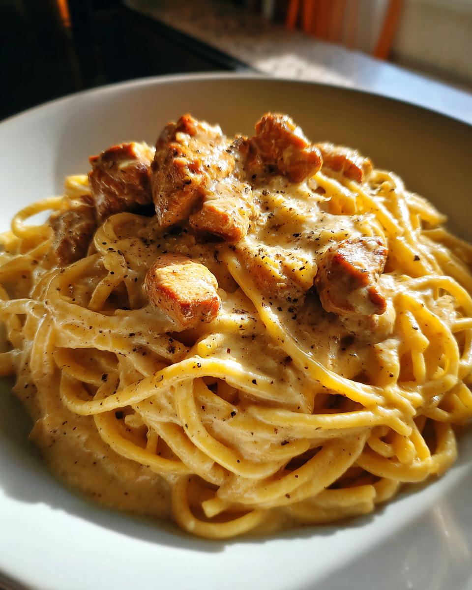 A close-up of spaghetti coated in a rich, creamy sauce, topped with seasoned chicken pieces and black pepper, representing Creamy Garlic Parmesan Chicken Pasta.
