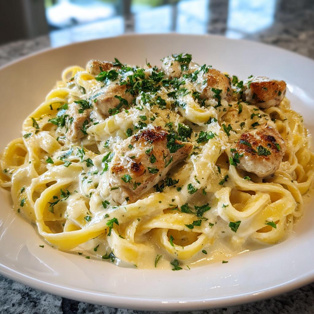 A close-up of Creamy Garlic Parmesan Chicken Pasta featuring fettuccine noodles coated in rich sauce, topped with seared chicken pieces and fresh parsley.