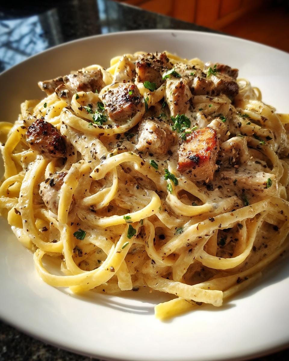 Close-up of How to Make Creamy Garlic Parmesan Chicken Pasta with seared chicken pieces and herbs.