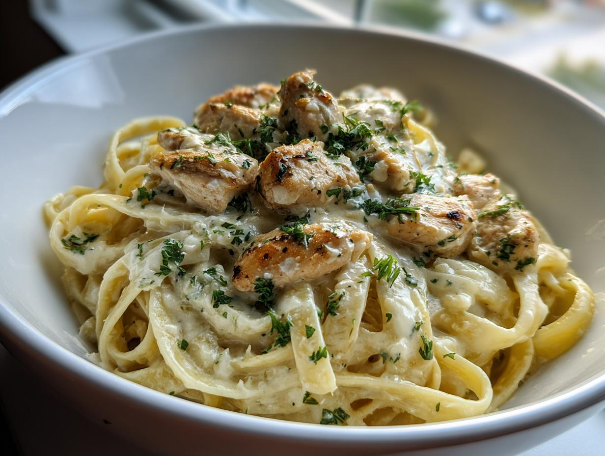Close-up of Creamy Garlic Parmesan Chicken Pasta featuring fettuccine noodles, grilled chicken pieces, and fresh parsley garnish.