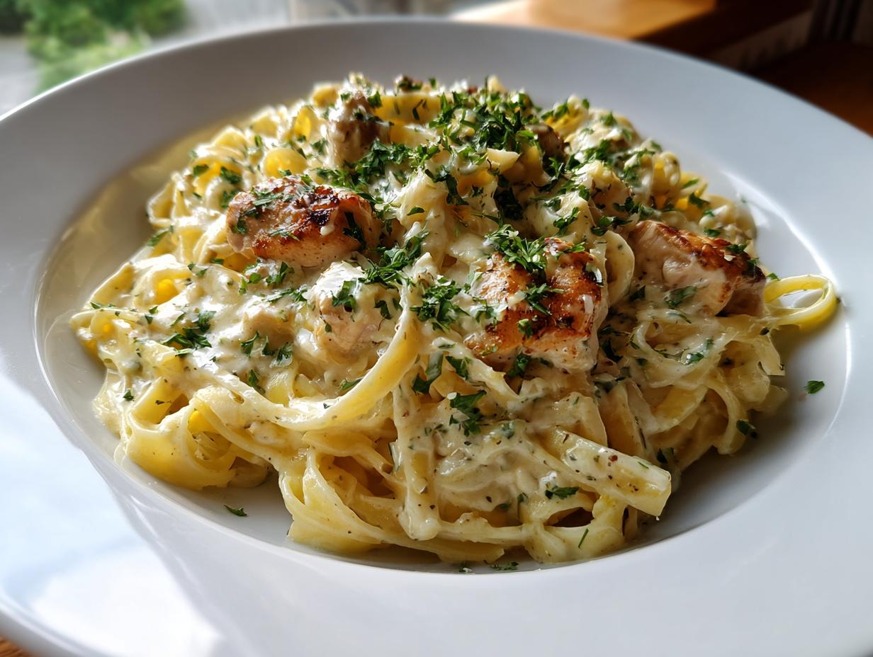 A close-up of Creamy Garlic Parmesan Chicken Pasta featuring fettuccine noodles, chunks of seared chicken, and fresh parsley garnish.