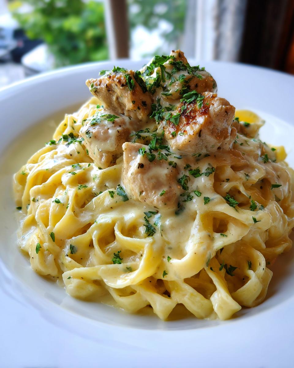 Close-up of a bowl of Creamy Garlic Parmesan Chicken Pasta with fettuccine noodles and chunks of seasoned chicken.