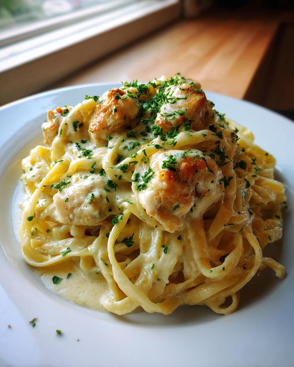 A close-up of a white plate piled high with Creamy Garlic Parmesan Chicken Pasta, topped with chicken pieces and fresh parsley.