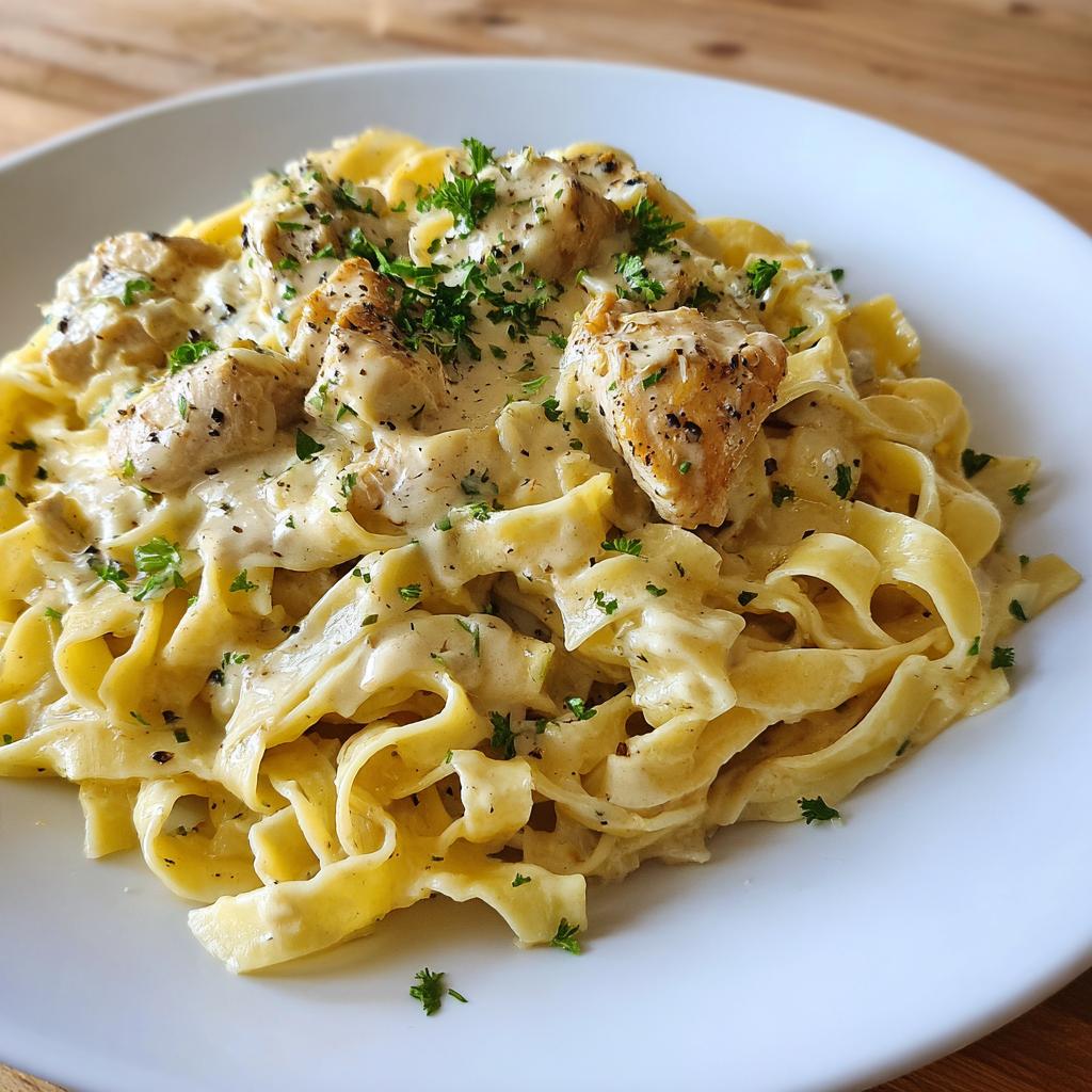 A close-up of creamy garlic parmesan chicken pasta made with fettuccine, topped with chicken pieces and fresh parsley.