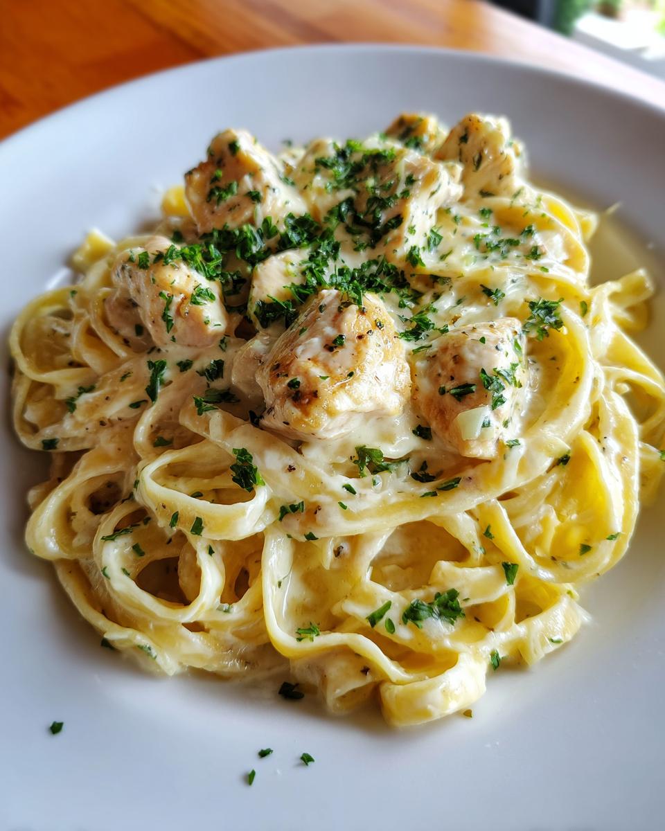 A close-up of a white plate piled high with Creamy Garlic Parmesan Chicken Pasta, topped with fresh parsley.