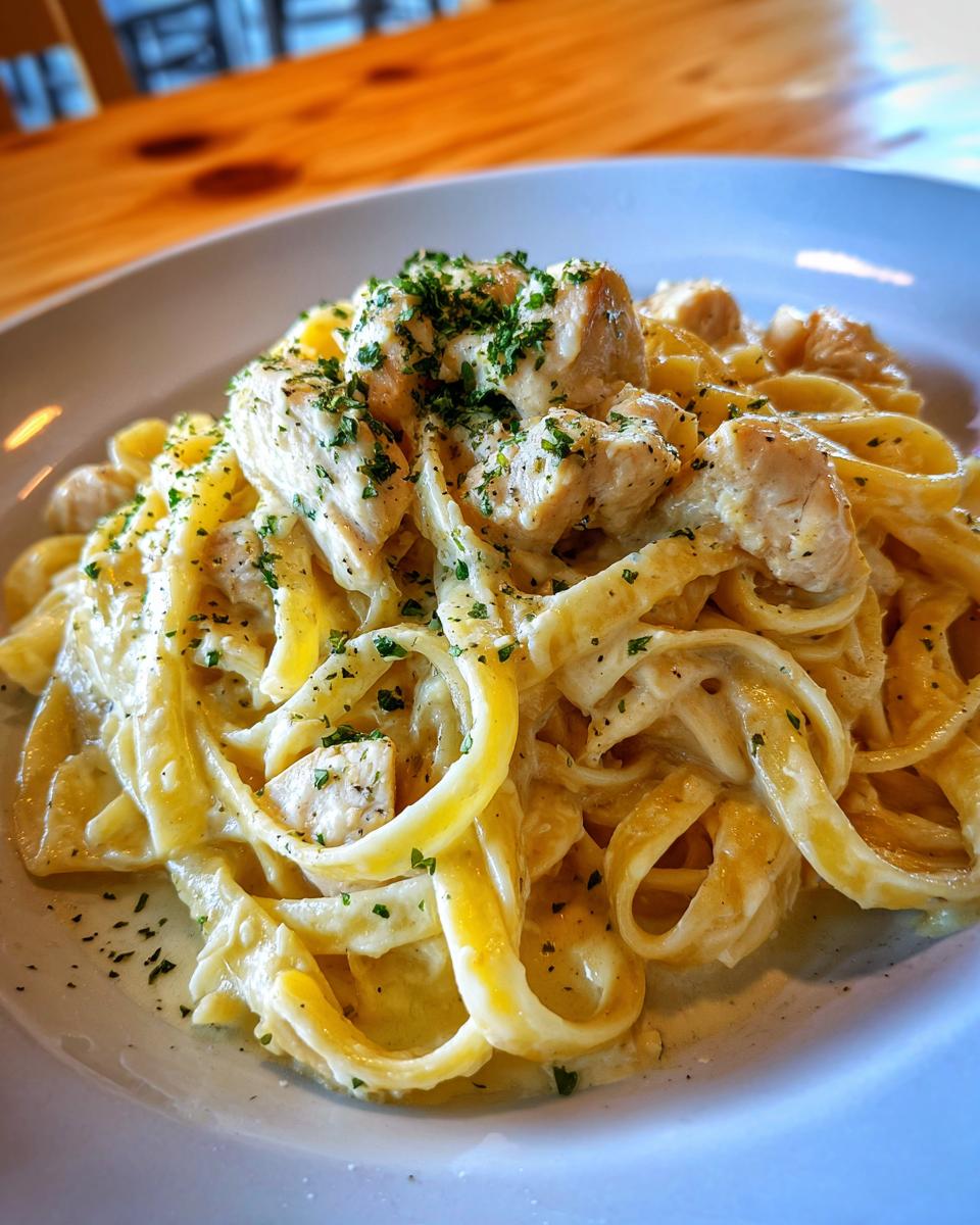 Close-up of a generous serving of Creamy Garlic Parmesan Chicken Pasta with fettuccine noodles and chopped parsley.