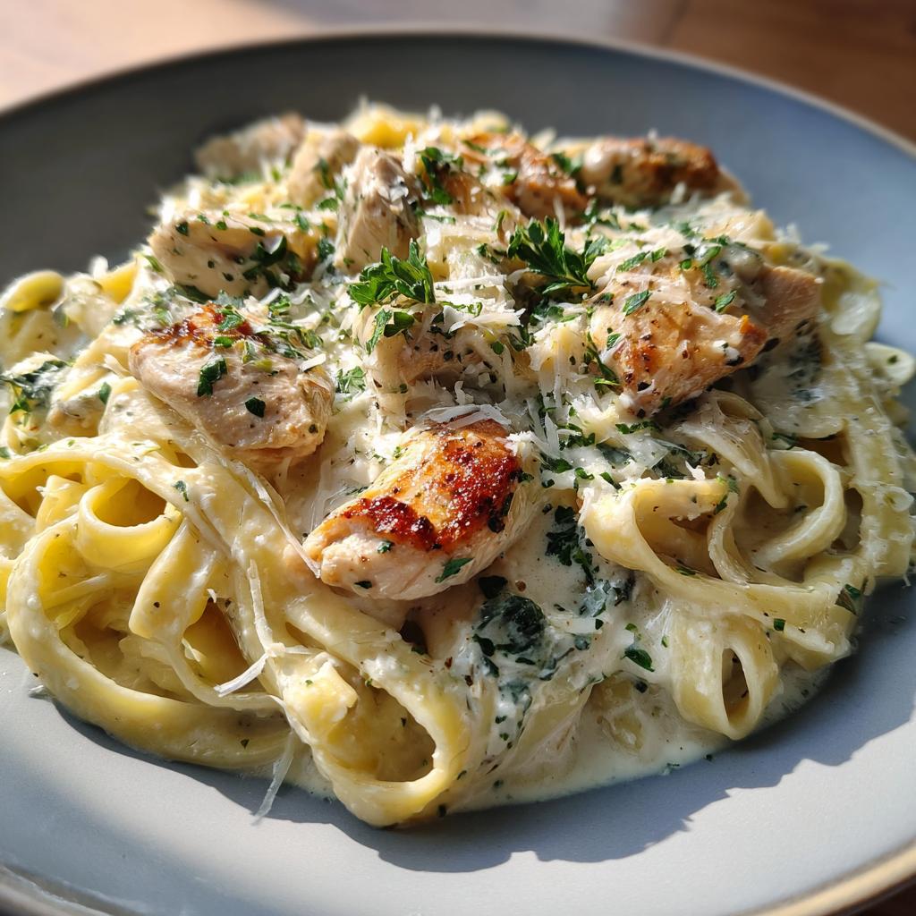 Close-up of a bowl of Creamy Garlic Parmesan Chicken Pasta topped with grilled chicken pieces and fresh parsley.