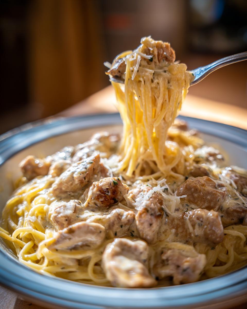 A fork lifts a tangle of linguine coated in creamy sauce and chicken pieces from a bowl of Creamy Garlic Parmesan Chicken Pasta.