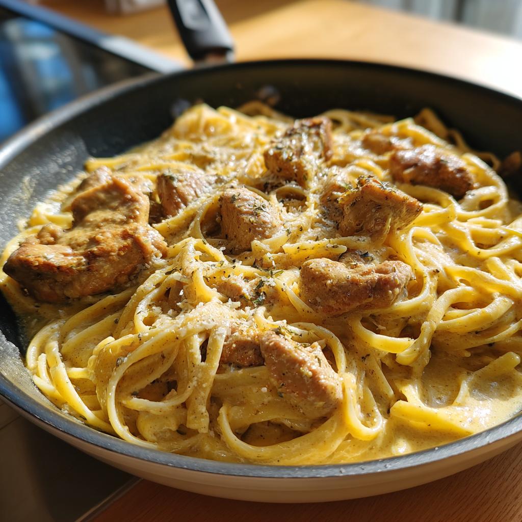 Close-up of Creamy Garlic Parmesan Chicken Pasta tossed with fettuccine noodles and topped with herbs.