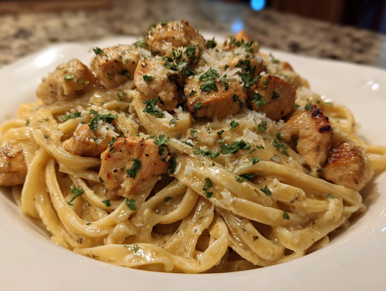 Close-up of a serving of Creamy Garlic Parmesan Chicken Pasta topped with grilled chicken pieces and fresh parsley.