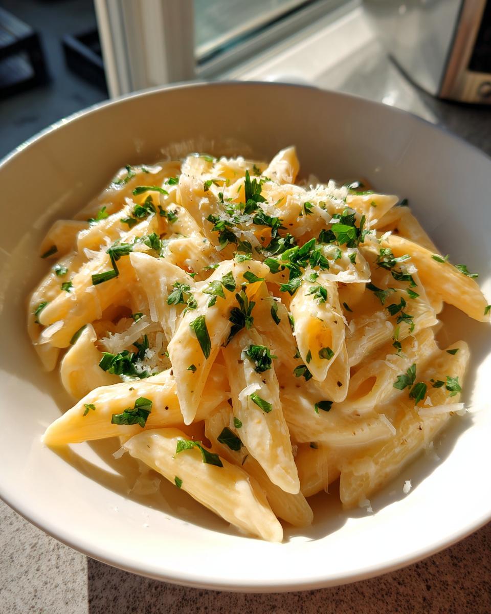 A bowl of How to Make Creamy Garlic Penne Pasta, topped with fresh parsley and grated cheese.
