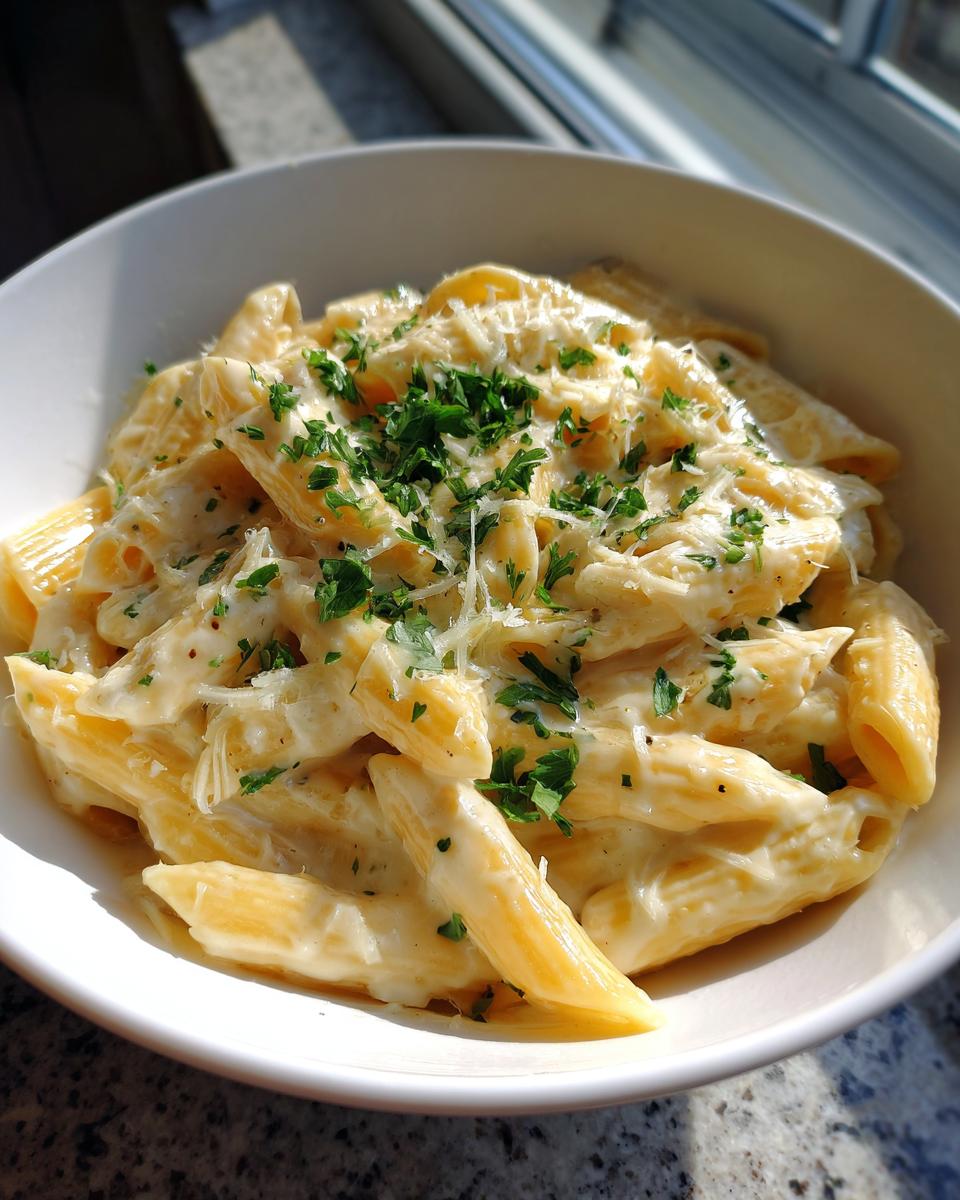 Close-up of a bowl of creamy garlic penne pasta topped with grated Parmesan and fresh parsley.