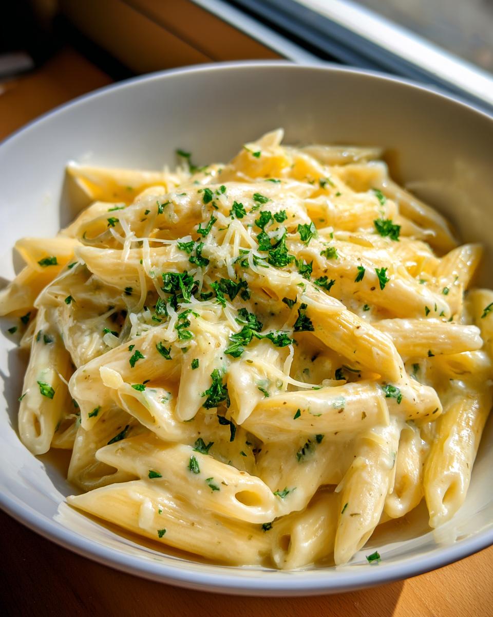 A close-up of creamy garlic penne pasta topped with grated Parmesan cheese and fresh parsley.