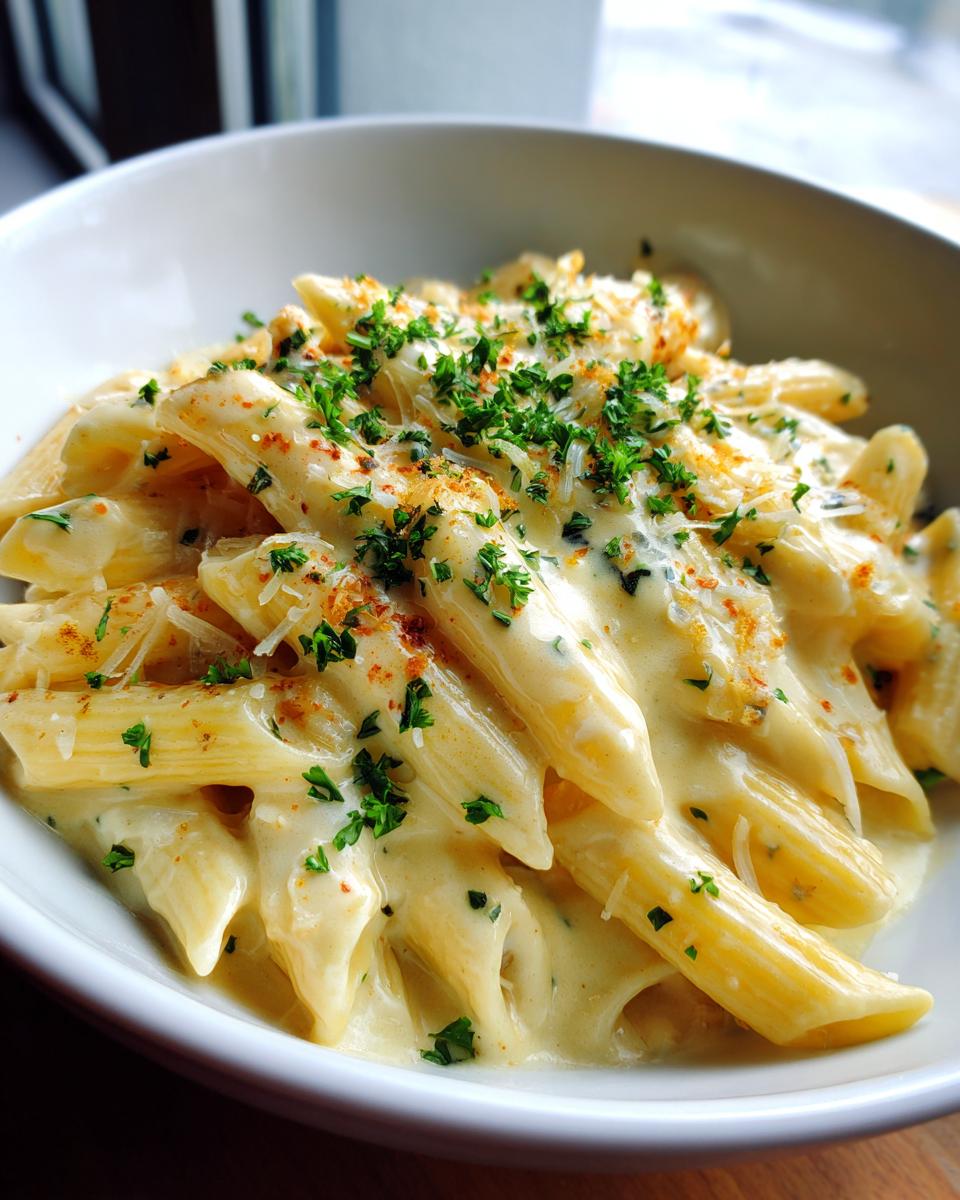 Close-up of creamy garlic penne pasta coated in rich sauce, topped with parsley and cheese.
