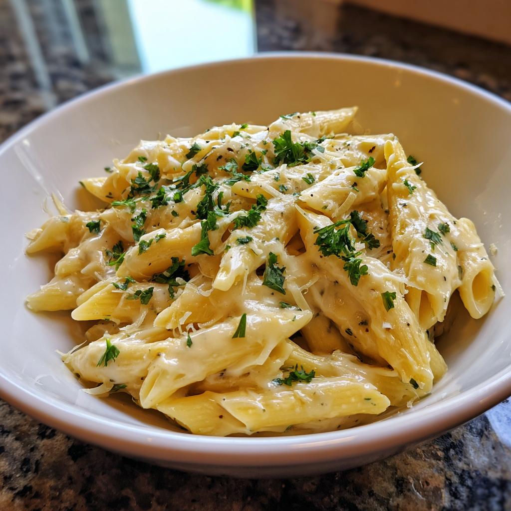 A close-up of creamy garlic penne pasta generously coated in sauce and topped with fresh parsley.